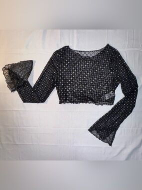 SHEIN Black Beaded Mesh Crop Top - Long Sleeve
